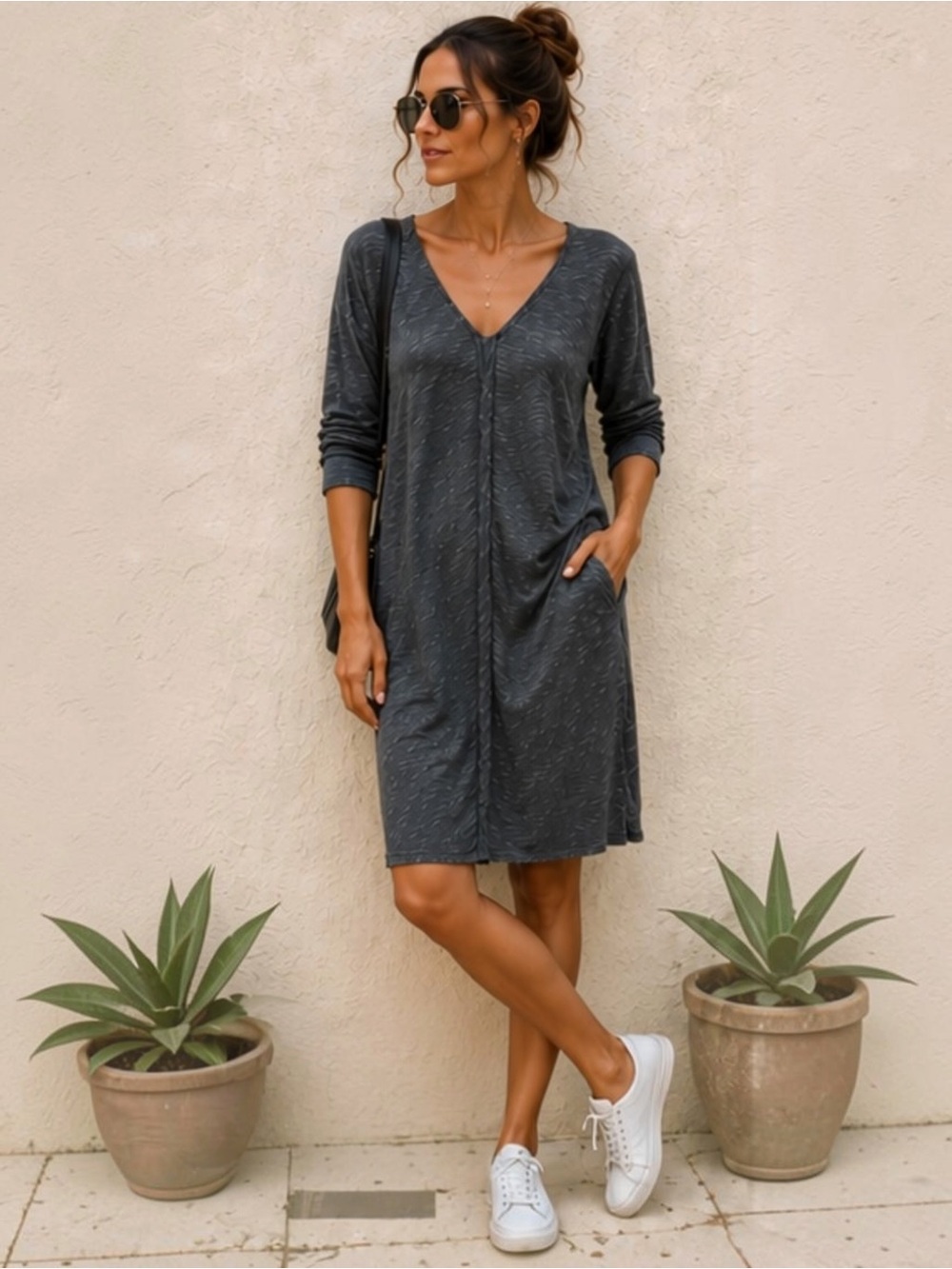ATM Anthony Thomas Melillo Slub Cotton Asphalt Gray Dress V Neck Raw Edge L